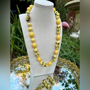 1960's Lemon and Hibiscus Fabulous Yellow Fruit Salad Earrings and Necklace Set